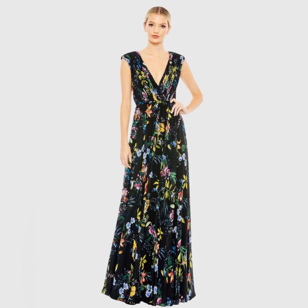 ✔️ MAC DUGGAL - Black Multicolor Pleated Floral Cap Sleeve A Line Gown